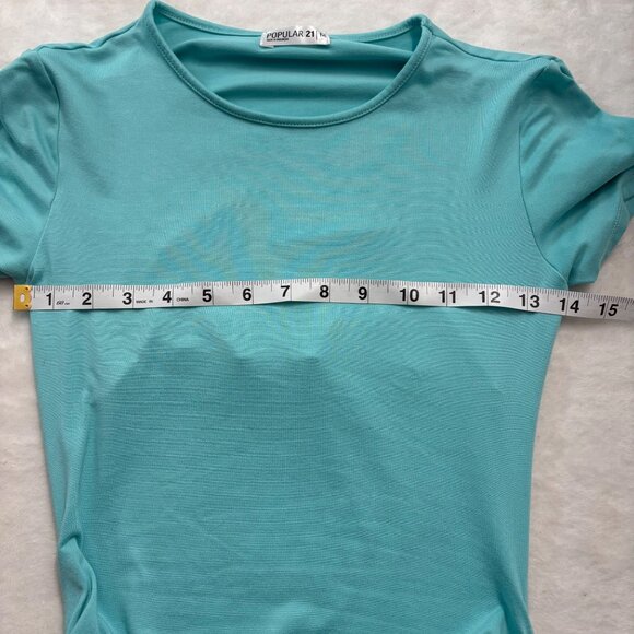 Turquoise Cutout Back Ruched Bodycon Dress Short Sleeve Stretch SizeM Popular 21 - Picture 7 of 11